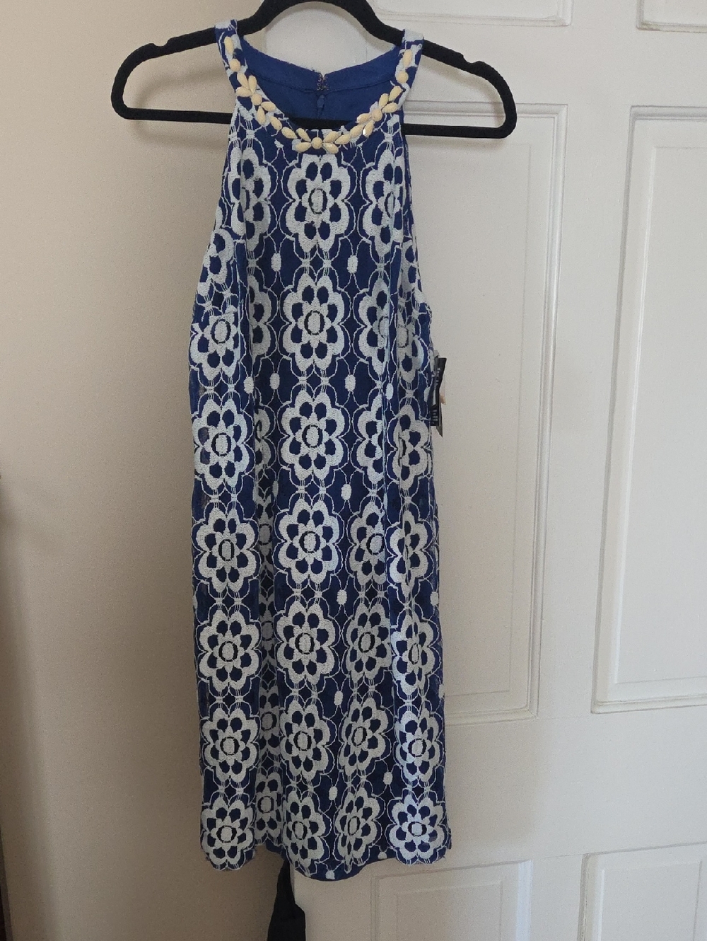 NWT Nine West Blue Dress with White Floral Lace In Size 8